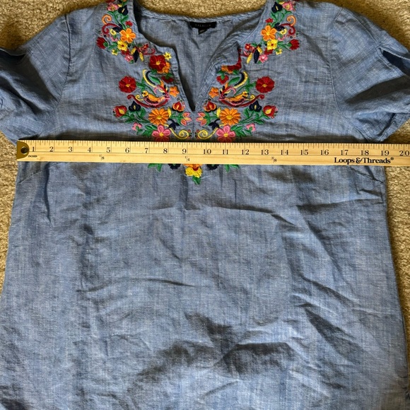 Talbots Sz S Darling Boho Folk Bird Embroidered Chambray Linen Blouse Shirt Top - Picture 9 of 12